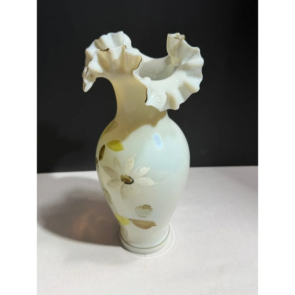 Vintage Bristol Opaque Glass Ruffled Vase Hand Painted Floral Gold Trim